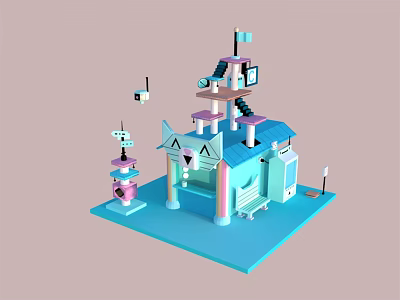Cartoon Cat Shaped Blue House With Multi Level Stairs And Small Towers 3d model