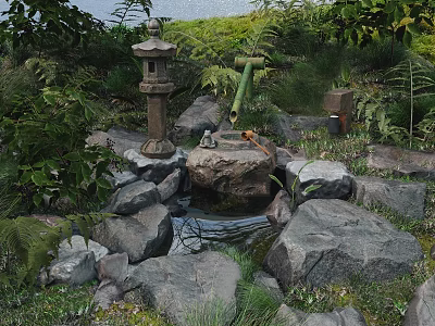 Garden Ornament Featuring Stone Lantern Green Water Faucet Small Pond Rocks With Plants And Moss 3d model