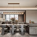 Modern Living and Dining Room Interior With Sofa Dining Table Marble Counter and Pendant Lights
