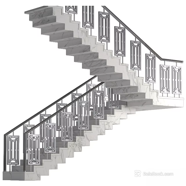 Modern Staircase Design With Marble Steps And Metal Geometric Balustrade Railing 3d model 
