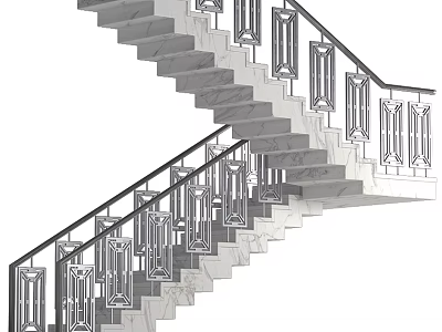 Modern Staircase Design With Marble Steps And Metal Geometric Balustrade Railing 3d model