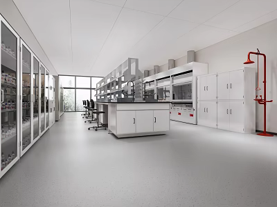 Modern Laboratory Interior With Spacious Workbench Glass Door Cabinets And Fume Hoods 3d model