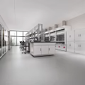 Modern Laboratory Interior With Spacious Workbench Glass Door Cabinets And Fume Hoods