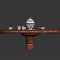 Wooden Round Tray With Tea Set Teacups Teapot Saucers And Tiered Rack