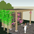 Wooden Garden Pergola With Lattice Top Pink Flowers Green Bamboo And Stone Paved Floor