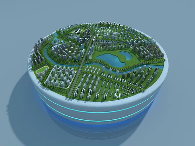 Aerial View Planning of Circular Urban Design with Green Spaces Lake and Roads 3d model