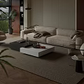Modern Living Room Interior With Beige Sofa Armchair Coffee Table Rug And Green Plants