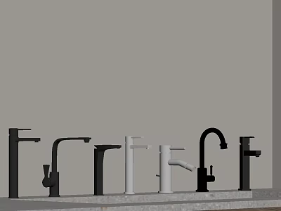 Multiple Black And White Faucets Arranged Against Grey Background 3d model