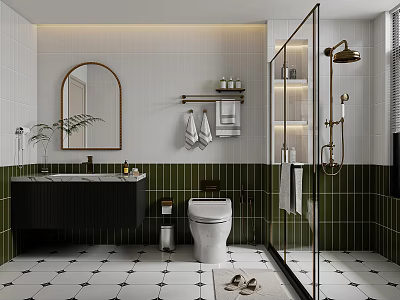 Modern Bathroom Interior Design With White Green Tiles Arched Mirror Black Vanity Glass Shower 3d model