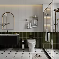 Modern Bathroom Interior Design With White Green Tiles Arched Mirror Black Vanity Glass Shower