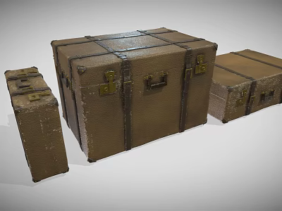 Vintage Brown Leather Suitcases With Straps And Metal Locks In Various Sizes 3d model