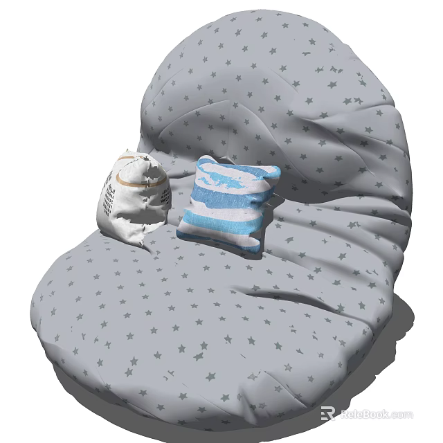 Gray Star Pattern Bean Bag Chair With Blue Striped Cushions And White Pouch 3d model 