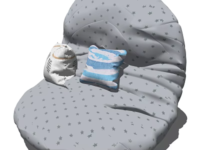 Gray Star Pattern Bean Bag Chair With Blue Striped Cushions And White Pouch 3d model