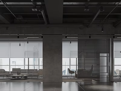 Modern Office Interior With Open Space High Ceiling Concrete Columns Large Windows Blinds And Furniture 3d model