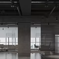 Modern Office Interior With Open Space High Ceiling Concrete Columns Large Windows Blinds And Furniture