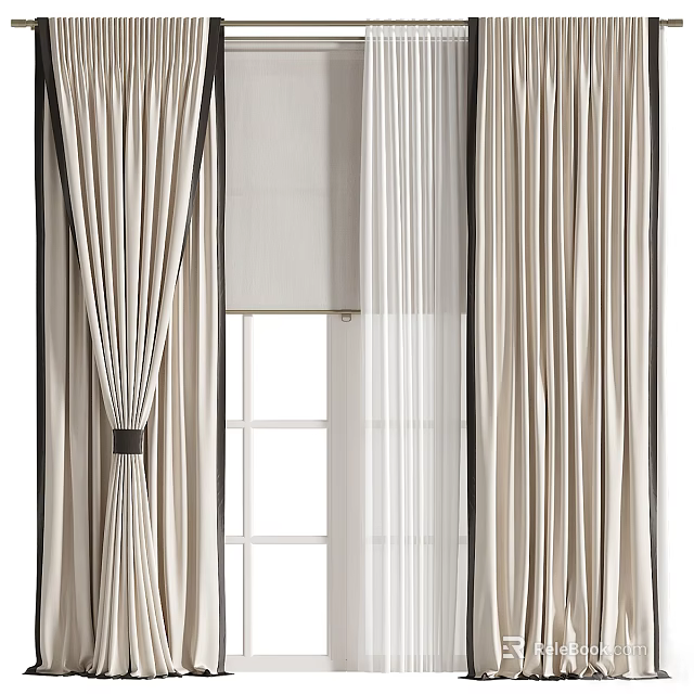 Elegant Beige Curtains With Black Trim And Sheer Panels For Window 3d model 