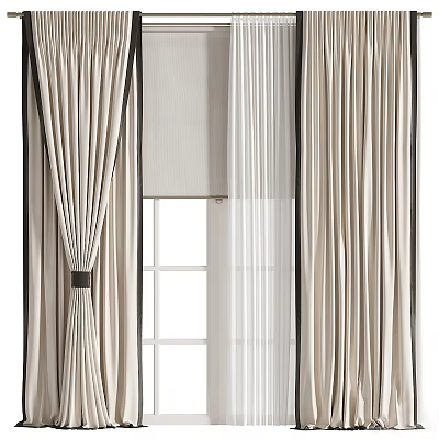 Elegant Beige Curtains With Black Trim And Sheer Panels For Window 3d model