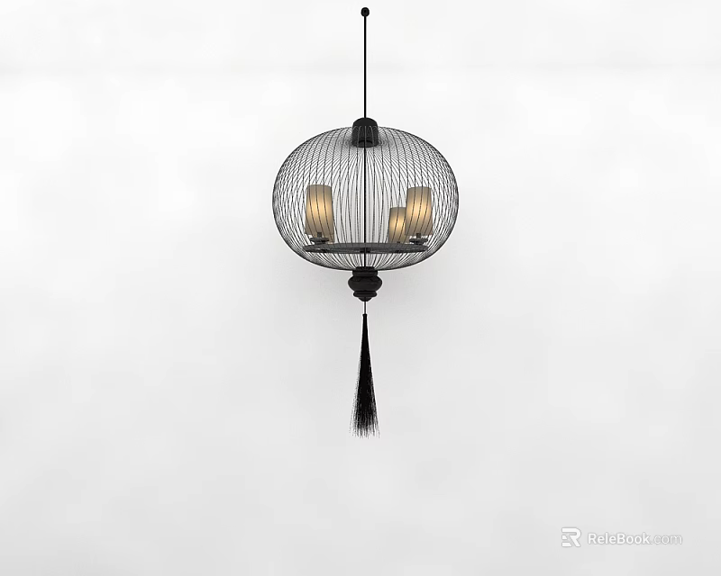 Round Black Frame Chandelier with Inner Bulbs and Hanging Tassel in Minimalist White Background Setting 3d model 