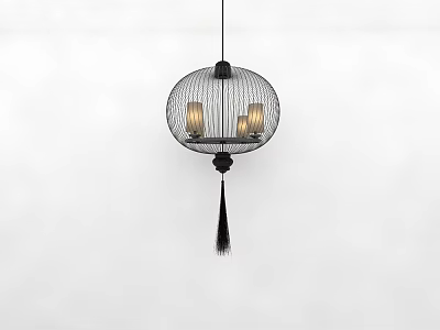 Round Black Frame Chandelier with Inner Bulbs and Hanging Tassel in Minimalist White Background Setting 3d model