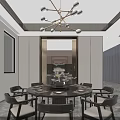 Modern Dining Living Room Interior With Round Table Chairs Chandelier and Sofa
