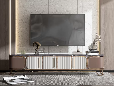 Modern TV Stand with Metal Legs and Flat Screen TV Decorative Items 3d model