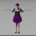 Red Haired Woman Wearing Purple Black Dress with Turquoise Sleeves and Black Corset