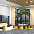 Modern Leisure Area Interior Design With Wooden Ceiling Large Windows Green Plants And Bookshelf