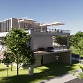 Modern Building Exterior View With Water Pool Flying Birds And Green Trees