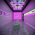 Store Front Desk With Purple Striped Ceiling Illuminated Display Walls And Patterned Tile Floor 3d model