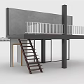 Brown Wooden Stairs Connecting Upper Platform With White Railing Dark Floor And Gray Wall