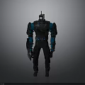 Futuristic Sci Fi Character In Black Blue Mech Suit With Weapon And Armor