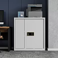 White Storage Cabinet in Office Space With Printer Small Devices Desk Computer and Chair 3d model