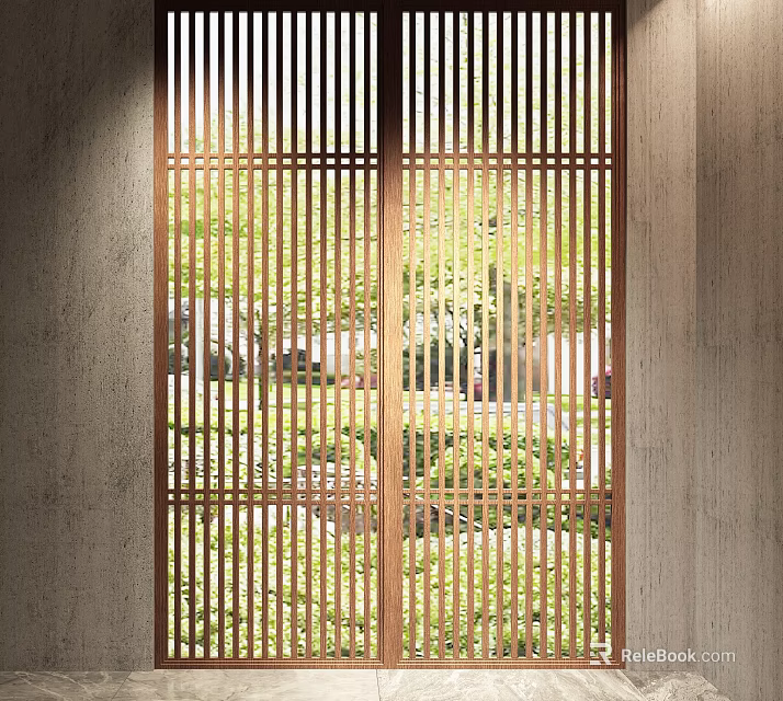 Wooden Slat Sliding Door With Natural Light And Outdoor Green View 3d model 