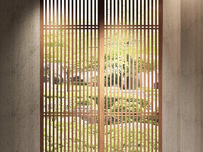 Wooden Slat Sliding Door With Natural Light And Outdoor Green View 3d model