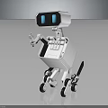 Futuristic White Robot Character With Blue Display Eyes And Mechanical Arm In Dark Background