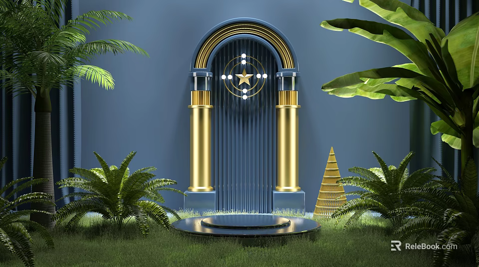 Elegant Blue Background Featuring Golden Arch Star Columns Green Plants And Pyramid Decoration 3d model 