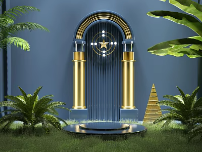 Elegant Blue Background Featuring Golden Arch Star Columns Green Plants And Pyramid Decoration 3d model