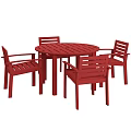Durable Dark Brown Slatted Round Outdoor Table Set With Matching Sturdy Patio Dining Armchairs