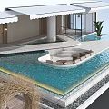 Outdoor Hotel Public Lounge Area With Swimming Pool And Modern Relaxing Seating