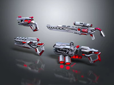 Futuristic Sci Fi Weapons Various Types With Silver Mechanical Design And Red Accents 3d model