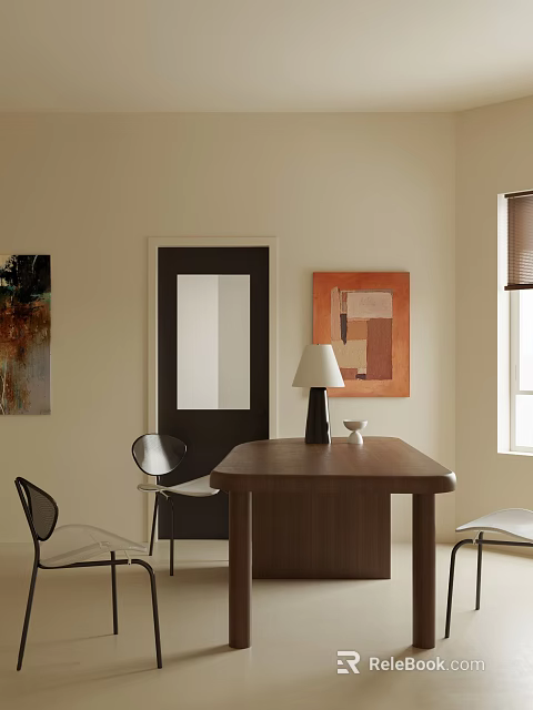 Modern Wooden Dining Table Set With Chairs Table Lamp And Wall Artwork 3d model