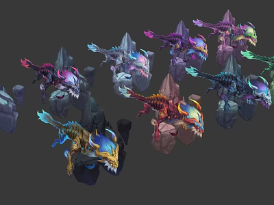 Colorful Dragon like Game Movie Characters on Rock Platforms with Decorative Details 3d model