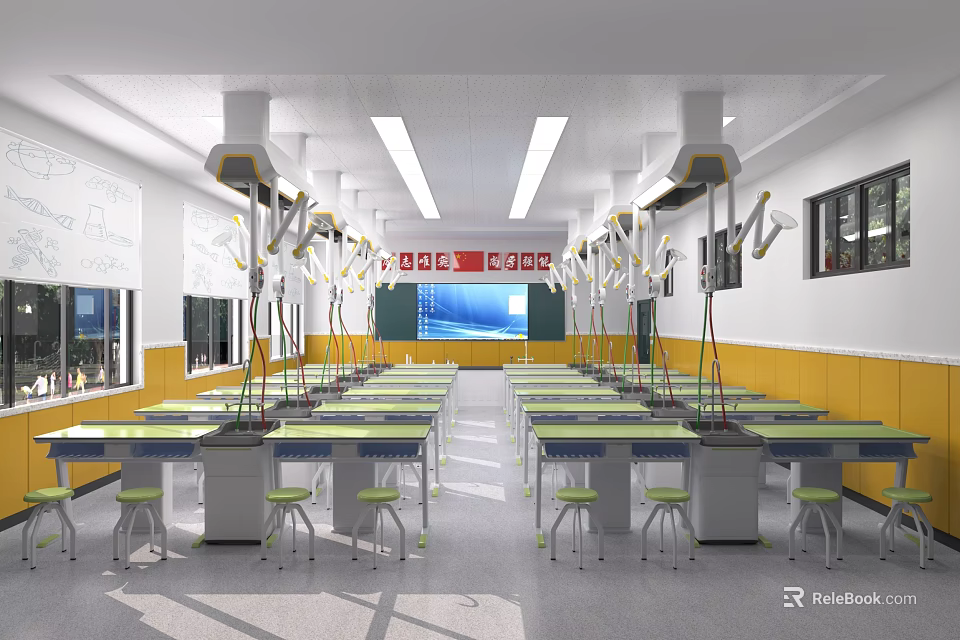 Bright Spacious Laboratory Interior With Lab Tables Chairs Equipment And Whiteboard Setup 3d model 