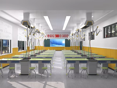 Bright Spacious Laboratory Interior With Lab Tables Chairs Equipment And Whiteboard Setup 3d model