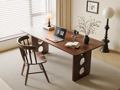 Cozy Wooden Desk Setup With Laptop Open Book Clock Vase And Lamp 3d model