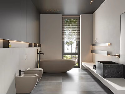 Modern Bathroom Interior Design With Freestanding Bathtub Toilet Vanity Window And Recessed Lighting 3d model