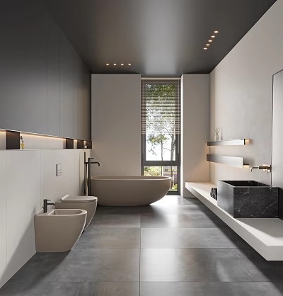 Modern Bathroom Interior Design With Freestanding Bathtub Toilet Vanity Window And Recessed Lighting 3d model
