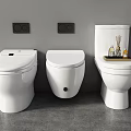 Three White Modern Toilets in Grey Bathroom with Tray and Aromatherapy Bottles on Tank