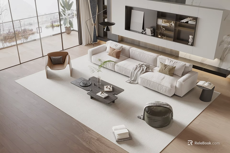 Modern Living Room Interior With White Sofa Coffee Table Set Area Rug And Wall Bookshelf 3d model 