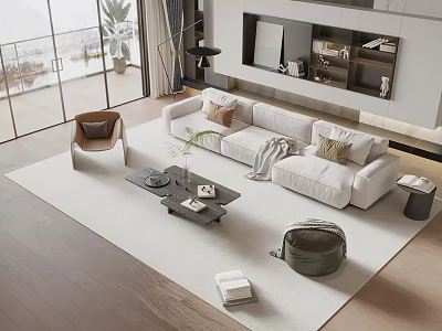 Modern Living Room Interior With White Sofa Coffee Table Set Area Rug And Wall Bookshelf 3d model